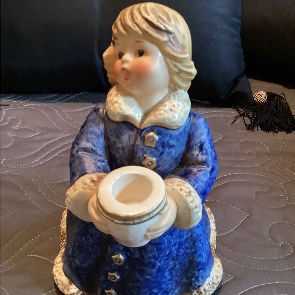 Vintage Goebel blue & white angel figurine candle holder, 9” tall,